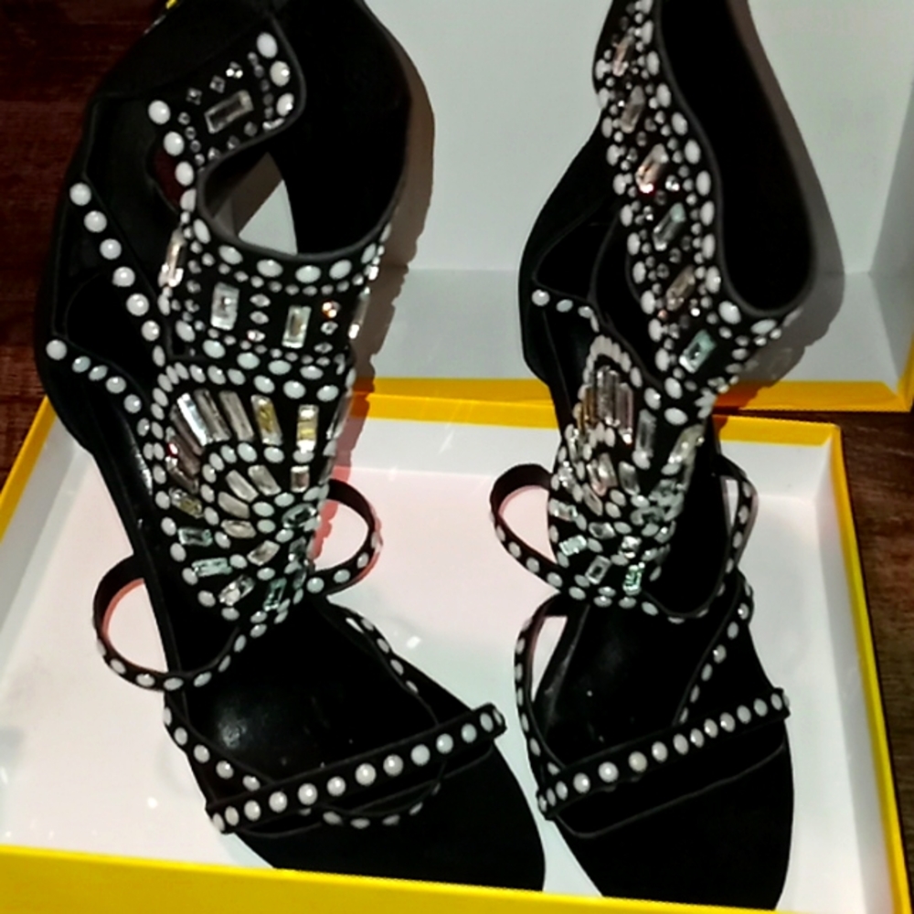 Black pearl jeweled high heels